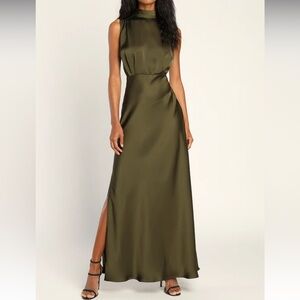 Classic Elegance Olive Satin Sleeveless Mock Neck Maxi Dress
Lulus